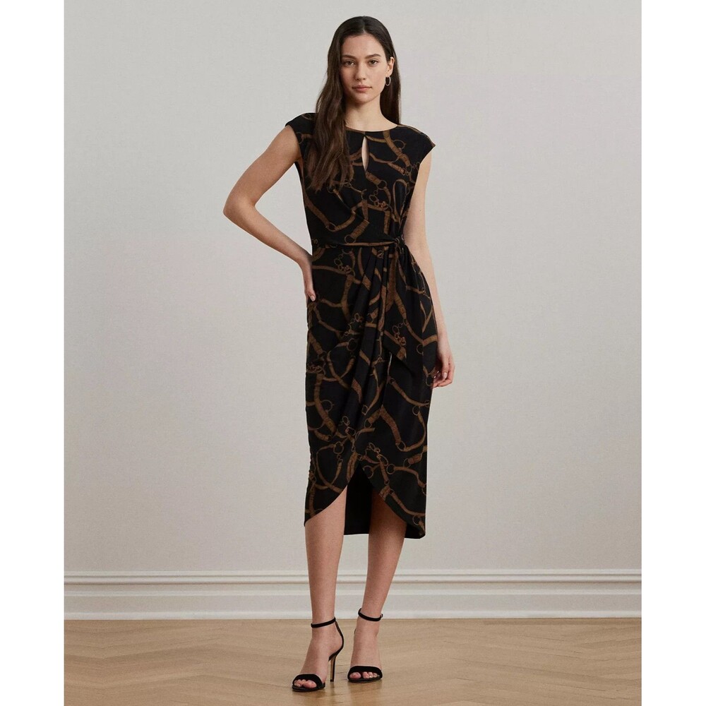 Lauren Ralph Lauren Women's Belting-Print Jersey Tie-Front Dress Black Tan 14